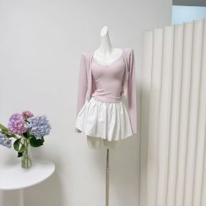 Women's Lace Layered Lyocell Cami and Cardigan Set with Chest Pads Korean Style
