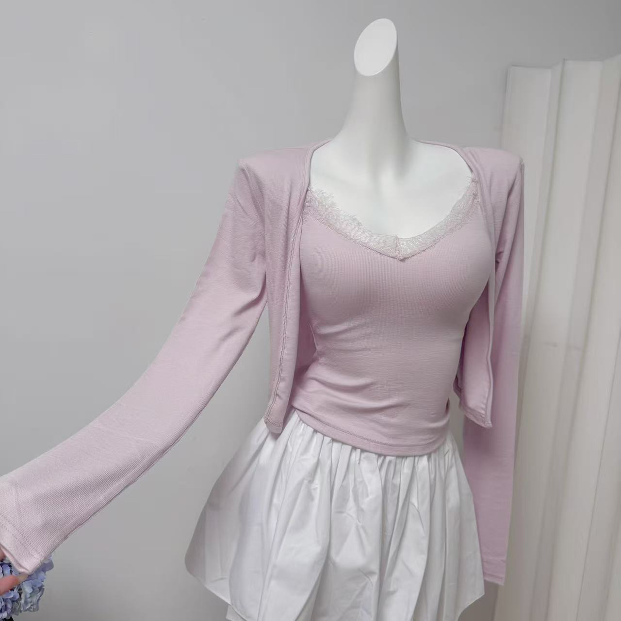 Women's Lace Layered Lyocell Cami and Cardigan Set with Chest Pads Korean Style - Image 2
