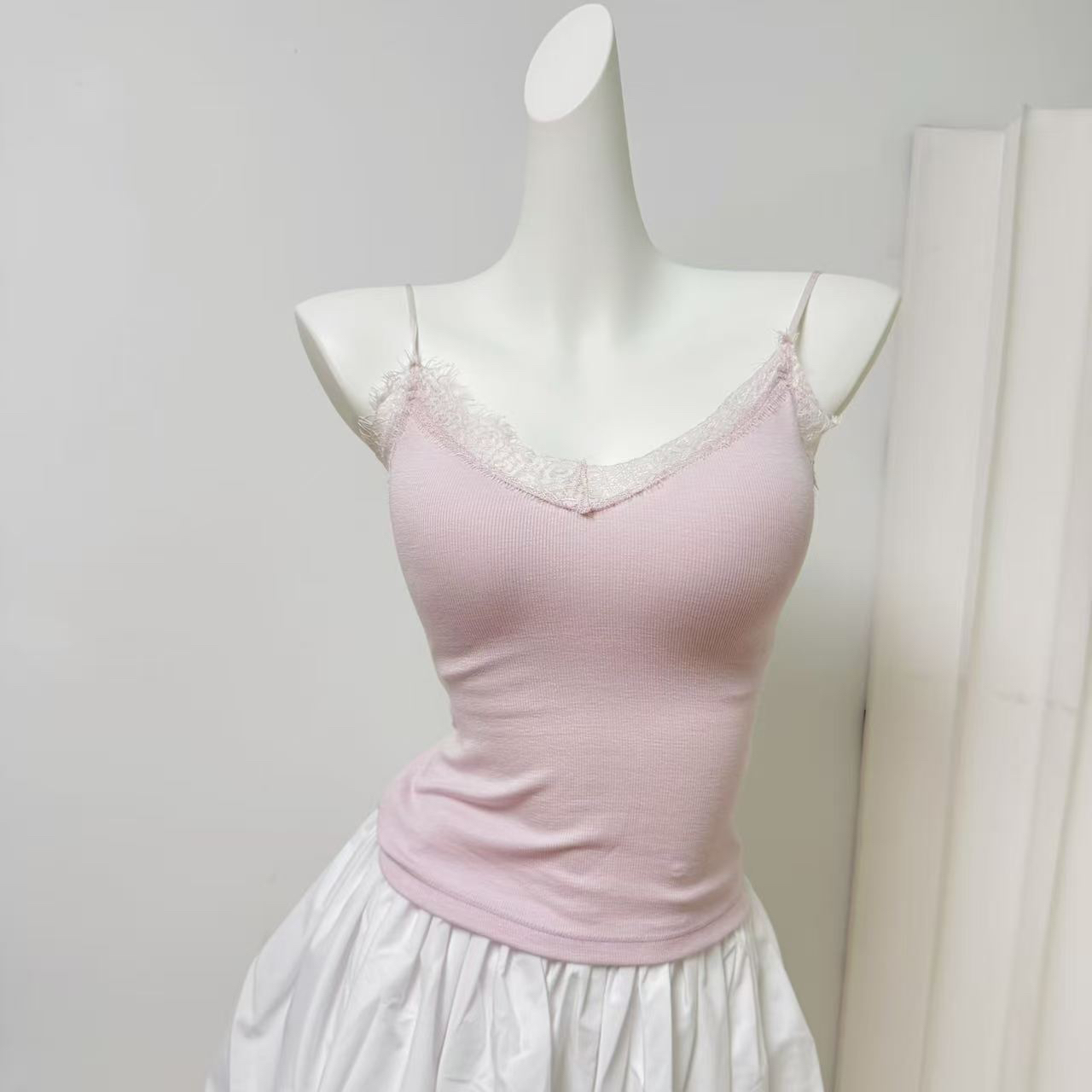 Women's Lace Layered Lyocell Cami and Cardigan Set with Chest Pads Korean Style - Image 4