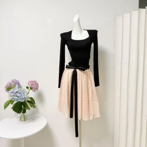 Pink and Black French Style Long Sleeve Top and Skirt Set with Belt