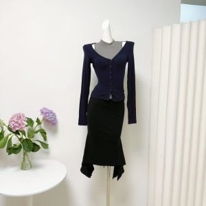 Farte Shop Seoul Unnie Gray Vest V-Neck Blue Cardigan Two-Piece Set Women Spring Autumn Top